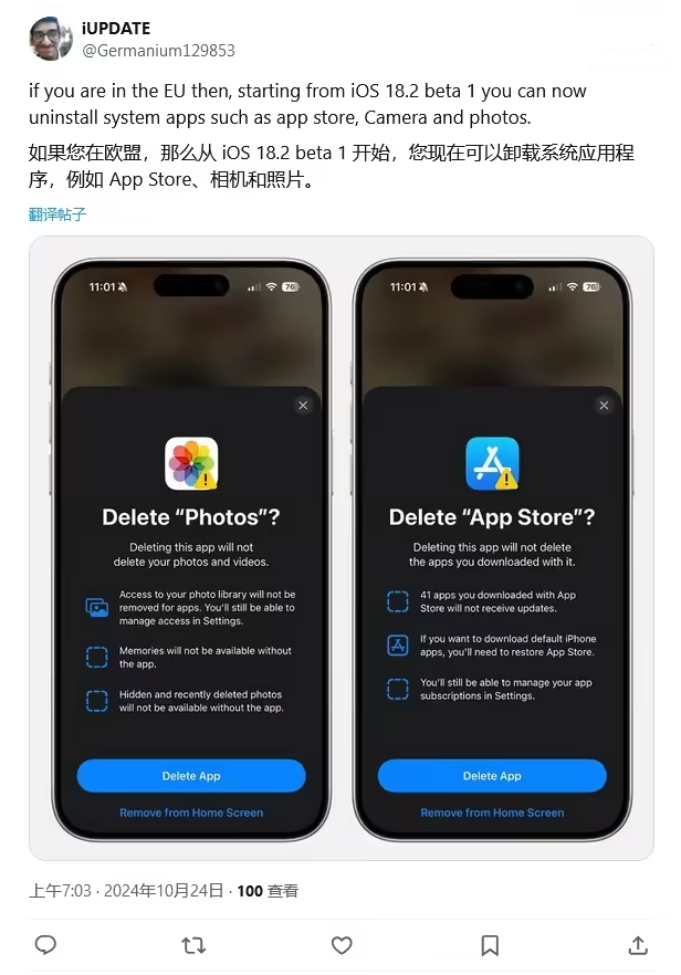 丽江苹果手机维修分享iOS 18.2 支持删除 App Store 应用商店 